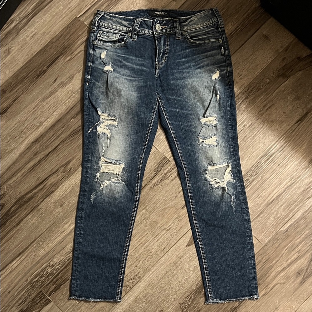 Silver Jeans Dark Blue Distressed Skinny Jeans